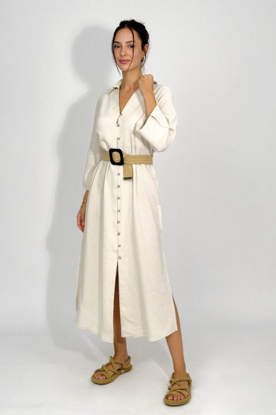 Betimoda Belted Slit Buttoned Linen Dress Stone Color