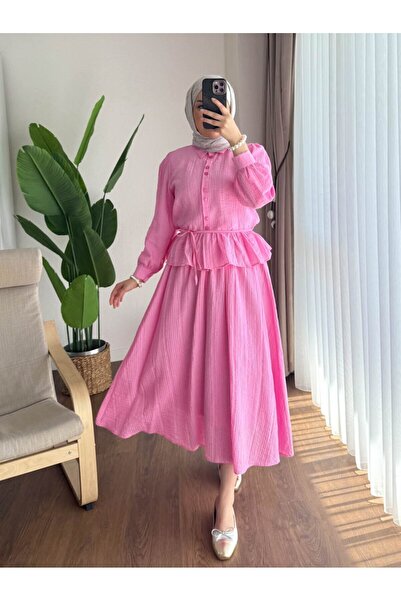 RFK Butik Kadın Melinda Begonya Kumaş Etekli Ikili Takım Pembe