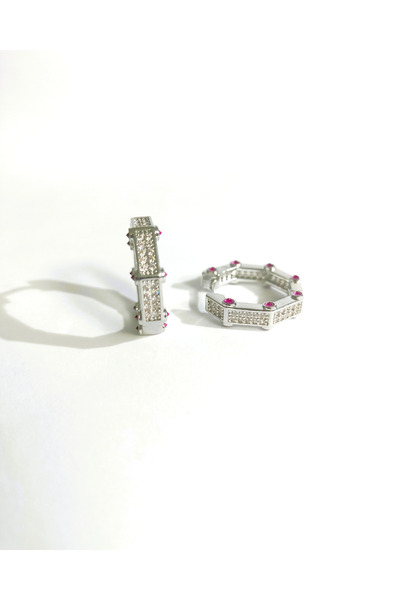 POKAK Serenay Leyla Who Came Who Passed Silver Color Shiny Stone Detailed Brand Hoop Earrings