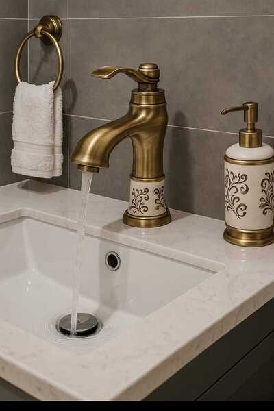 RUDİS Antique Brass Patterned Sink Faucet - Ceramic Detail - Water Saving Faucet