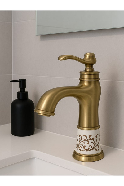 RUDİS Antique Brass Patterned Sink Faucet - Ceramic Detail - Water Saving Faucet
