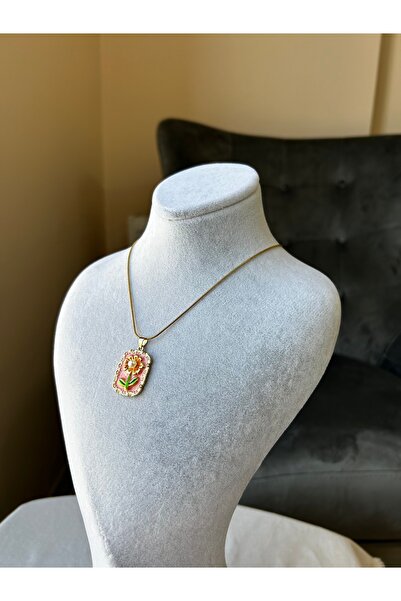 shop VİNTAGE AYÇİÇEKLİ İNCİLİ PEMBE DİKDÖRTGEN KOLYE