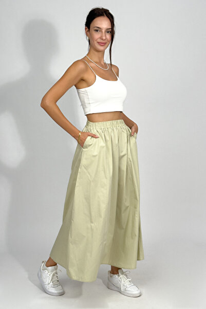 Betimoda Poplin Elastic Waist Pocket Long Skirt Pistachio Green