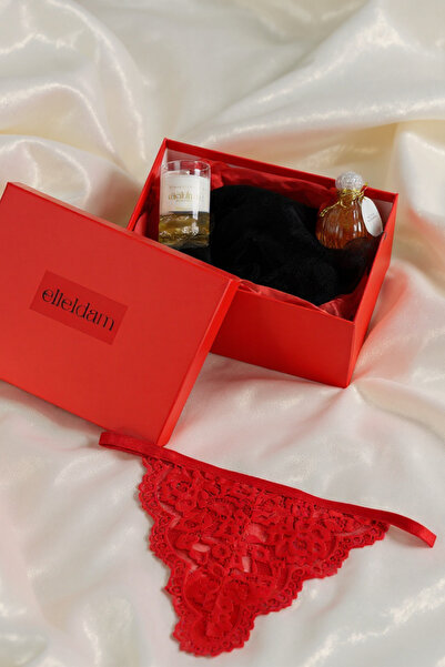 elieldam Gizli Dokunuş Konsept Kutusu – Taş Detaylı Kırmızı Tanga + Etkili Vücut Yağı