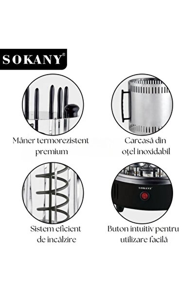 SOKANY Skewer maker 1500W, 8 non-stick skewers, automatic 360° rotation, smokeless, gray/black