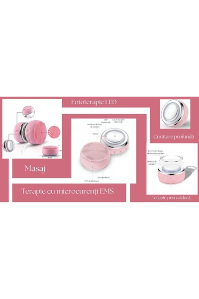 OEM 5 in 1 facial lifting device with silicone brush, EMS, LED therapy, massage, waterproof, pink