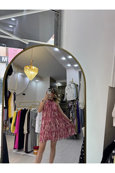 Butik Pembe gül kurusu çok renkli desenli boncuklu boyundan bağlamalı kısa tü...