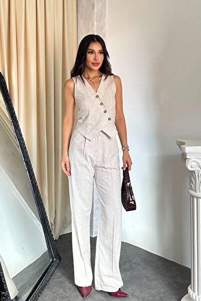 TREND KOMBİN بدلة نسائية مكونة من قطعتين من قماش الكتان بأزرار