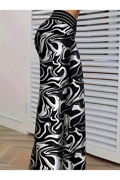 Etos Women's Pants High Waist Elastic Spanish Paca Plazzo Black and White Printed