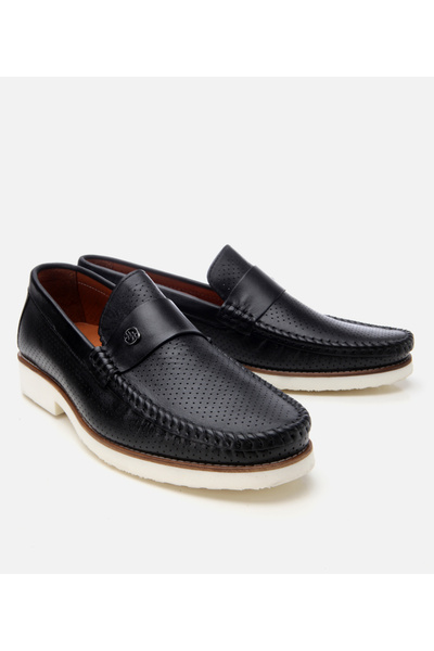 Hotiç Men's Leather Black Light Sole Loafer with Buckle Detail