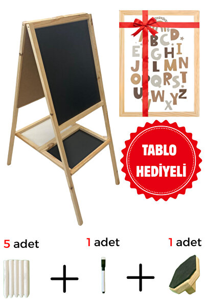 Wooden Factory Çift Taraflı Yazı Tahtası – Ahşap Ayaklı Kara Tahta & Beyaz Ta...