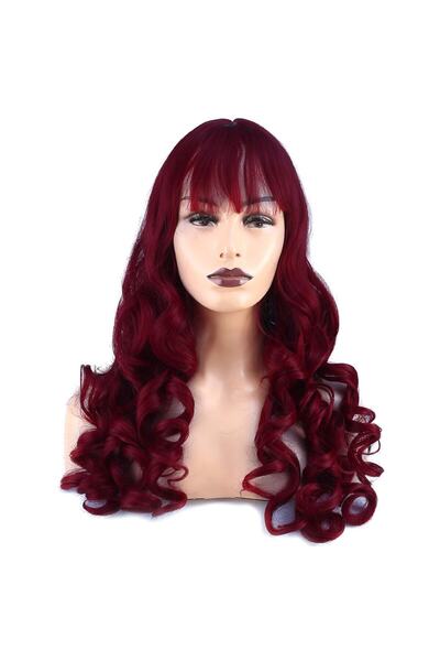 KONAK PERUK Dalgalı Perçemli Uzun Fiber Sentetik Peruk - Kızıl