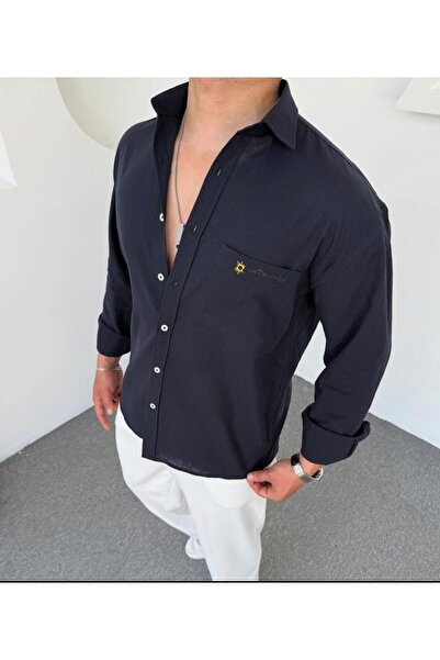 DEFES قميص رجالي من الكتان المطرز مقاس كبير