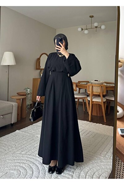 demet's collection MİRAY Toka Detaylı Poplin Piliseli Uzun Elbise