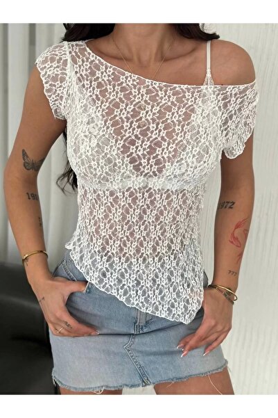 bysoca Жіноча біла блузка з асиметричним вирізом, мереживом та прозорою вставкою