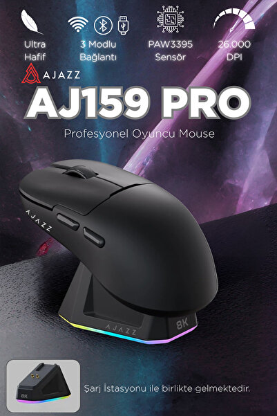 Ajazz Aj159 Pro Kablosuz (3 MODLU) 8.000 Hz-26.000dpı Oyuncu Mouse Paw3395 Se...