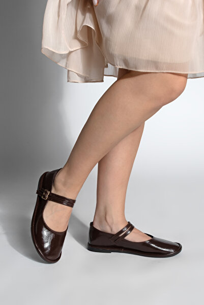 Marjin Women's Double Strap Buckle Ballerinas Larzen Brown