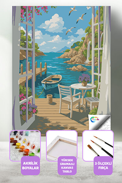 Tuvalle Akdeniz Sahil Köyü Sayılarla Boyama Seti, Hobi Seti, 40X50 Tablo, Fır...