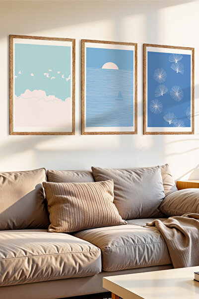 Zevahir Mobilya Dekorasyon Set de pictură MDF cu aspect de cadru din lemn, 3 piese, calm albastru