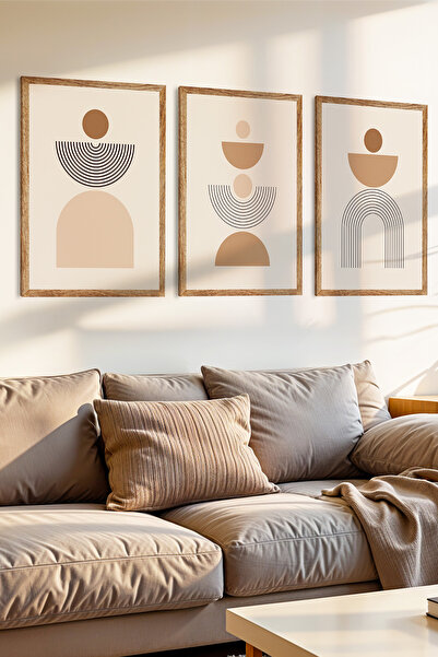 Zevahir Mobilya Dekorasyon 3 Parça Soyut Şekiller Konseplİ Ahşap Çerçeve Görünümlü MDF Tablo Seti