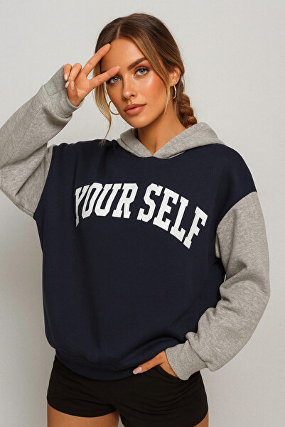 DE PLEIN Your Self Oversize Γυναικεία φούτερ με στάμπα Navy Blue Hooded