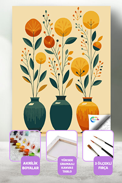 Tuvalle Pastel Çiçekler Sayılarla Boyama Seti, Hobi Seti, 40X50 Tablo, Fırça ...