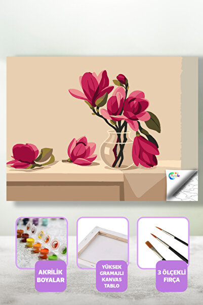 Tuvalle Zarif Tomurcuklar Sayılarla Boyama Seti, Hobi Seti, 40X50 Tablo, Fırç...