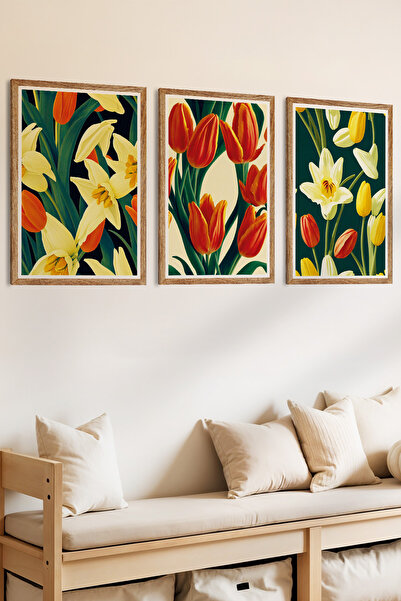 Zevahir Mobilya Dekorasyon Set de pictură MDF cu aspect de cadru din lemn tematic cu culorile primăverii, 3 piese