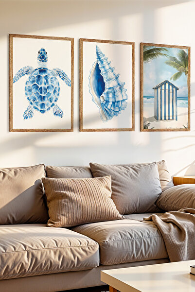 Zevahir Mobilya Dekorasyon Set de pictură MDF cu aspect de cadru din lemn, tematică Sea Breezes, 3 piese