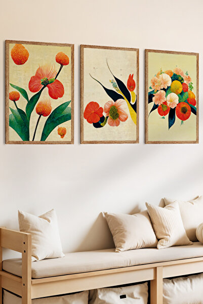 Zevahir Mobilya Dekorasyon Set de pictură MDF cu aspect de cadru din lemn, 3 piese, în starea de înflorire a concișiei