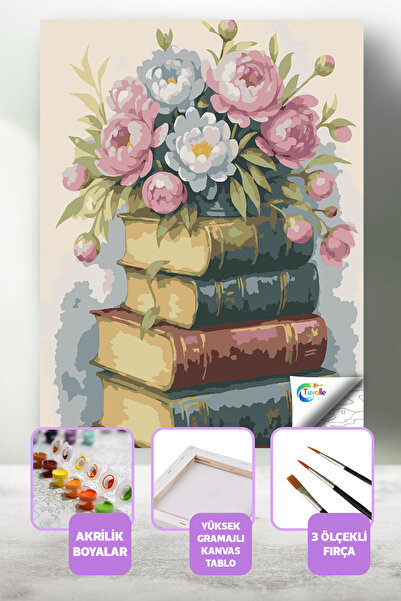 Tuvalle Çiçeklerle Dolu Kitaplar Sayılarla Boyama Seti, Hobi Seti, 40X50 Tabl...