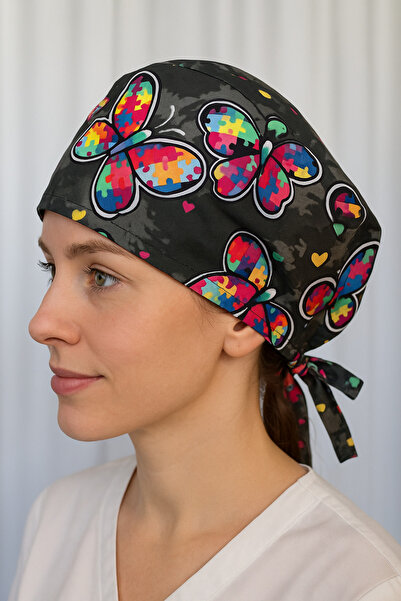 monotıp Hemşire bonesi,doktor bonesi,ameliyathane bonesi,bandana,kelebek desenli,