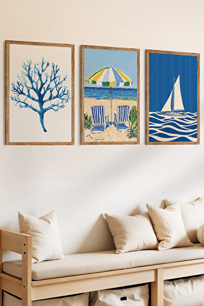Zevahir Mobilya Dekorasyon Set de pictură din MDF cu aspect de cadru din lemn cu tematică de coastă, 3 piese