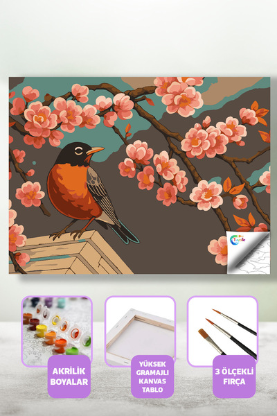 Tuvalle Kiraz Çiçekleri ve Kuş Sayılarla Boyama Seti, Hobi Seti, 40X50 Tablo,...