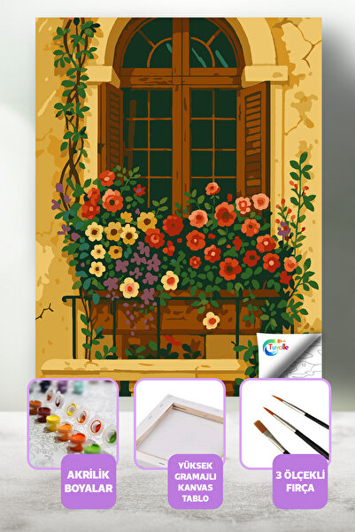 Tuvalle Pencere Bahçesi Sayılarla Boyama Seti, Hobi Seti, 40X50 Tablo, Fırça ...