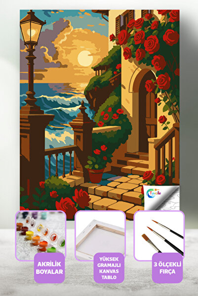 Tuvalle Deniz Kenarı Sayılarla Boyama Seti, Hobi Seti, 40X50 Tablo, Fırça Boy...