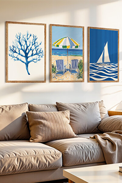 Zevahir Mobilya Dekorasyon Set de pictură din MDF cu aspect de cadru din lemn cu tematică de coastă, 3 piese