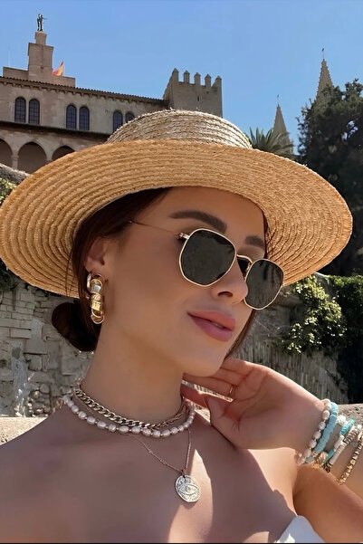 Chunky Frame Gold Metal Çerçeveli Beşgen Unisex Güneş Gözlüğü