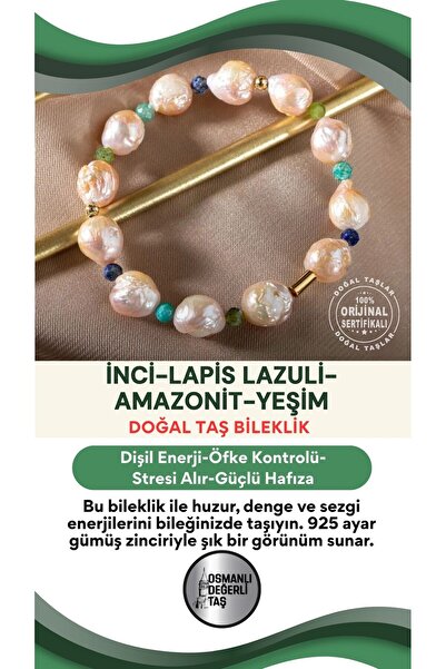 OSMANLI DEĞERLİ TAŞ Inci-lapis Lazuli-amazonit-yeşim Doğal Taş Gümüş Bileklik...