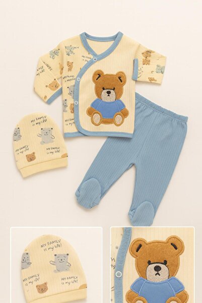 Baby Bakkal طقم قطن مطرز تيدي بير مكون من 3 قطع (0-3) أشهر