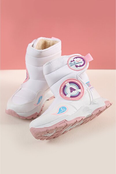 Zerenyus Winters Termal Yünlü Beyaz Pudra Kız Çocuk Cırtlı Kar Botu