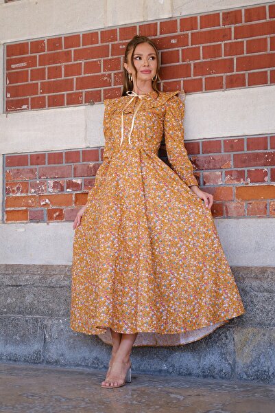 KÜÇÜĞÜM BUTİK Φόρεμα Hijab Vintage μουστάρδας με λουλουδένιο μπαλόνι με μανίκια με φορητό γιακά