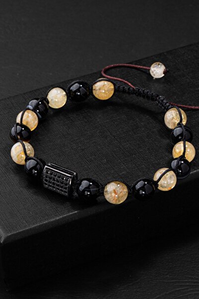 OSMANLI DOĞAL TAŞ SERTİFİKALI SİTRİN SİYAH GÖZ AKİK DOĞAL TAŞLI ZİRKON APARATLI MAKROME ÖRGÜ BİLEKLİK