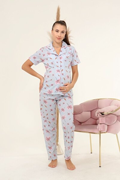 LadyMina Pijama Set de pijamale duble cu mâneci scurte cu frunze albastre pentru gravide și postpartum