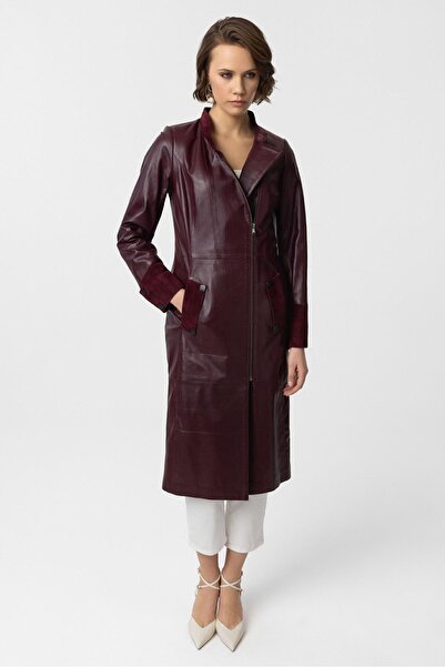 Deriderim Bordo Nancy Yandan Fermuarlı Hakim Yaka Hakiki Deri Uzun Kadın Manto Kaban