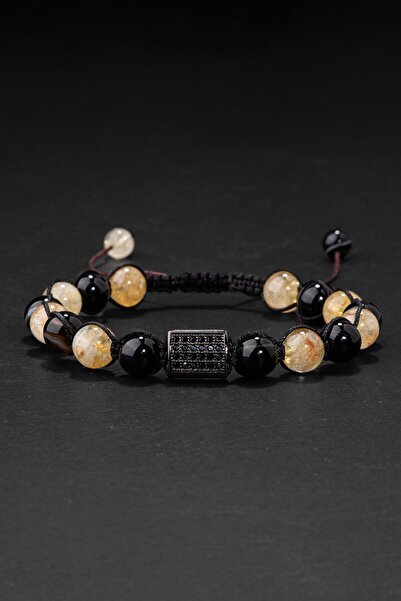 OSMANLI DOĞAL TAŞ SERTİFİKALI SİTRİN SİYAH GÖZ AKİK DOĞAL TAŞLI ZİRKON APARATLI MAKROME ÖRGÜ BİLEKLİK