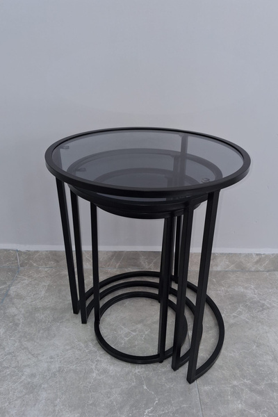 Rondela Collection C Zigon Sehpa 3'lü Siyah Ayak Füme Cam