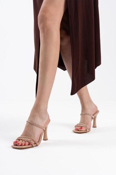 Zerenyus Alvina Premium Nude Stone Thin Strap Women's Heeled Slippers