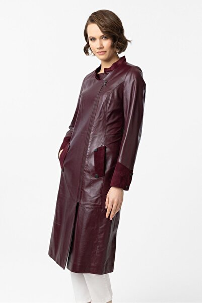 Deriderim Bordo Nancy Yandan Fermuarlı Hakim Yaka Hakiki Deri Uzun Kadın Manto Kaban