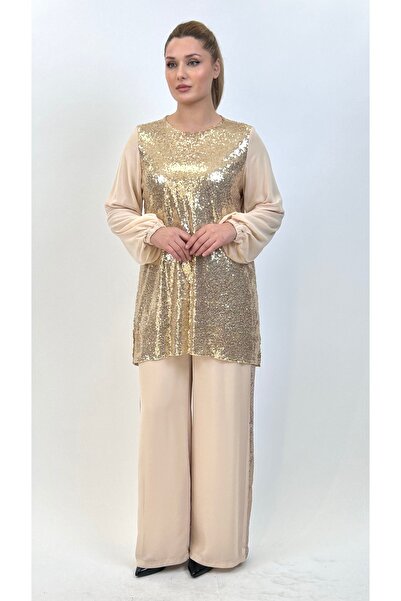 Ayda Triko Pul&Chiffon,Lined,Tunic Pants Big Size Suit